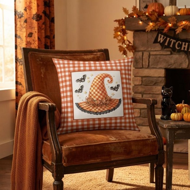 Orange Gingham Halloween Witch Hat & Bats Throw Pillow (Creator Uploaded)