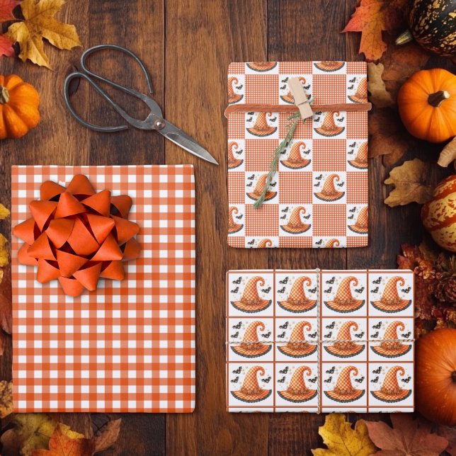 Orange Gingham Halloween Witch Hat & Bats Wrapping Paper Sheets (Creator Uploaded)