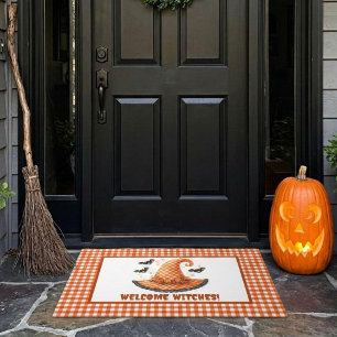 Orange Gingham Halloween Witch Hat Welcome Doormat