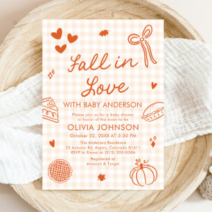 Orange Gingham Hand Drawn Fall in Love Baby Shower Invitation