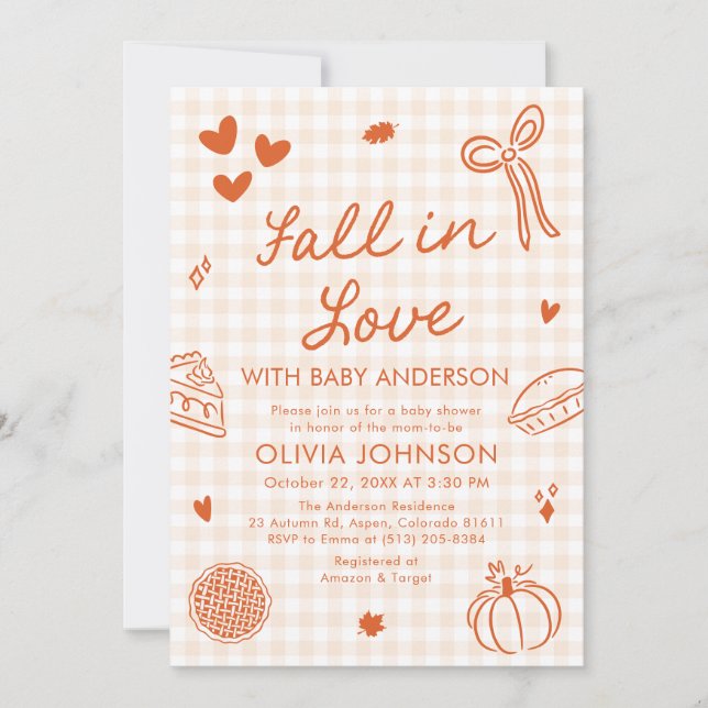 Orange Gingham Hand Drawn Fall in Love Baby Shower Invitation (Front)