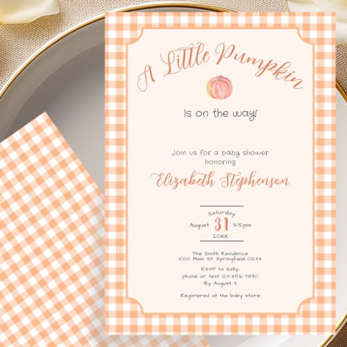 Orange Gingham Little Pumpkin Autumn Baby Shower Invitation