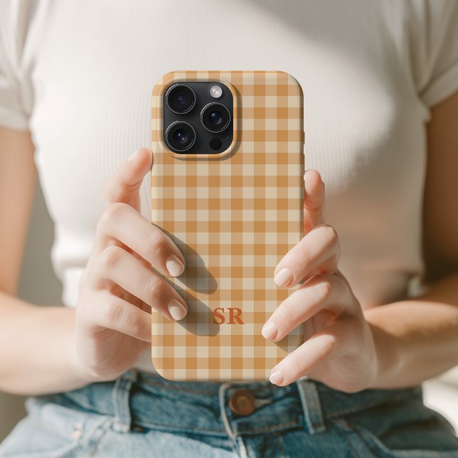 Orange Gingham Monogram Future Mrs Wife Initial iPhone Case (bridal party gift, maid of honor case gift, mothers day case gift, engagement announcement gift)