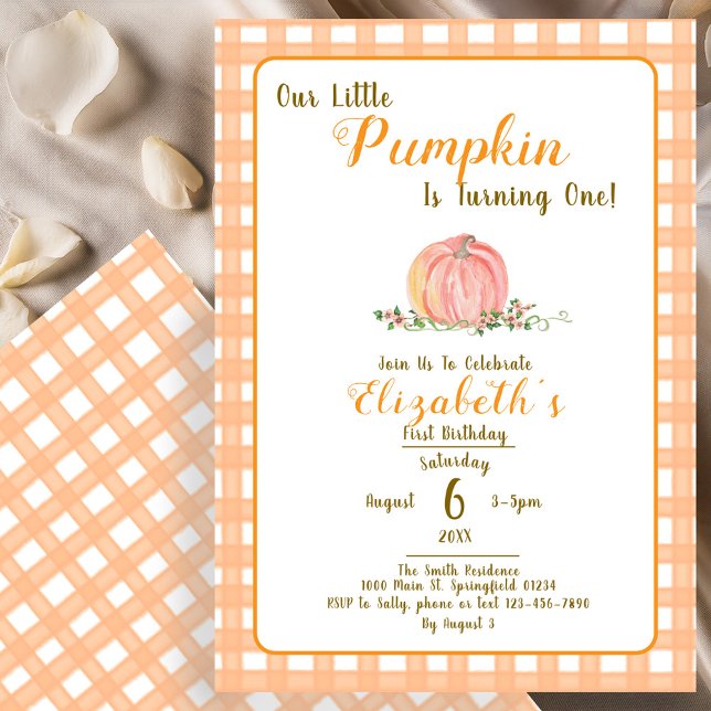 Orange Gingham Our Little Pumpkin First Birthday Invitation (Creator Uploaded)
