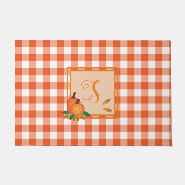 Orange Gingham Pattern Fall Monogram Doormat (Front)