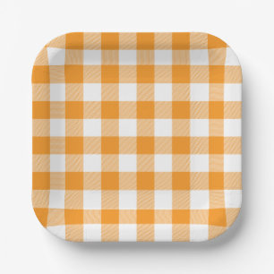 Orange Gingham Plaid Pattern Paper Plates