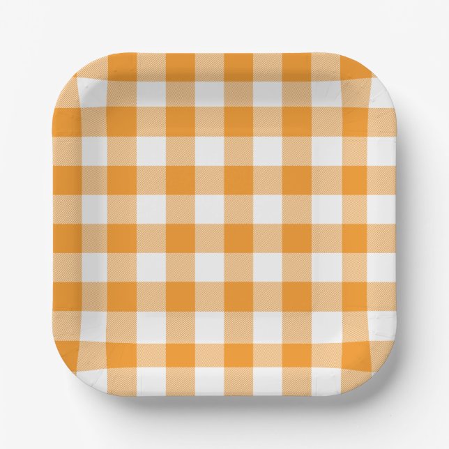 Orange Gingham Plaid Pattern Paper Plates (Front)