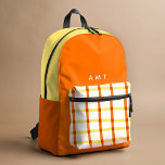 Orange Gingham Plaid Personalized Name Initials Printed Backpack<br><div class="desc">Playfully painted orange and yellow gingham plaid stripes pattern printed backpack with optional personalization.</div>