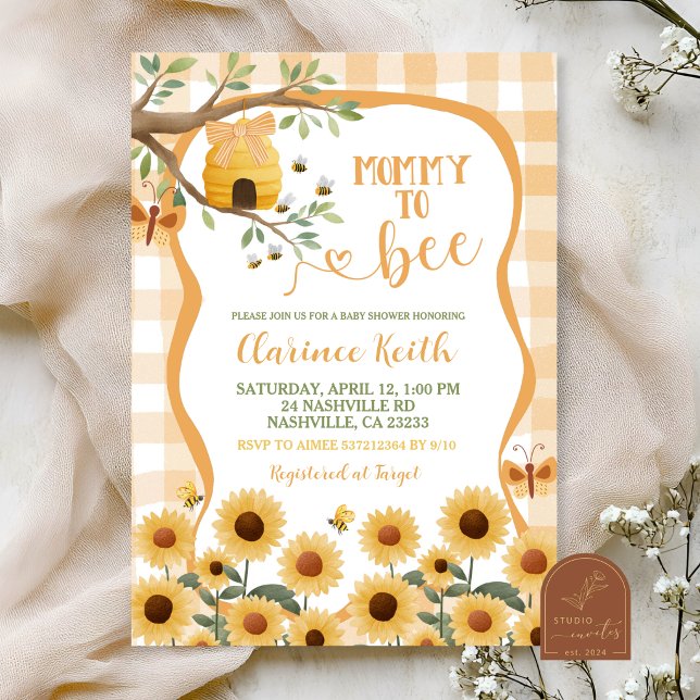 Orange Gingham Plaid Sunflower Bee Baby Shower Inv Invitation (Creator Uploaded)