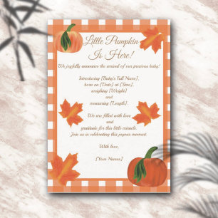 Orange Gingham Pumpkin Birth Announcement