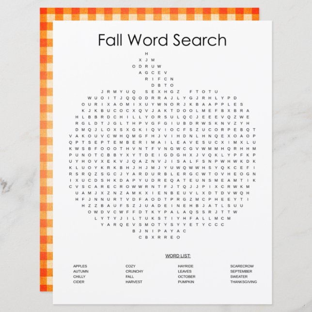 Orange Gingham Pumpkin Fall Word Search (Front/Back)