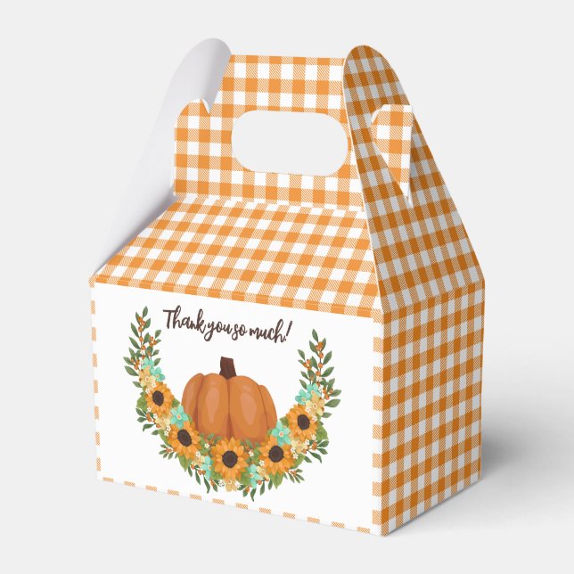 Orange Gingham Pumpkin & Sunflowers Thank You Favor Boxes (Front Side)