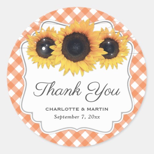Orange Gingham Rustic Sunflower Floral Thank You Classic Round Sticker