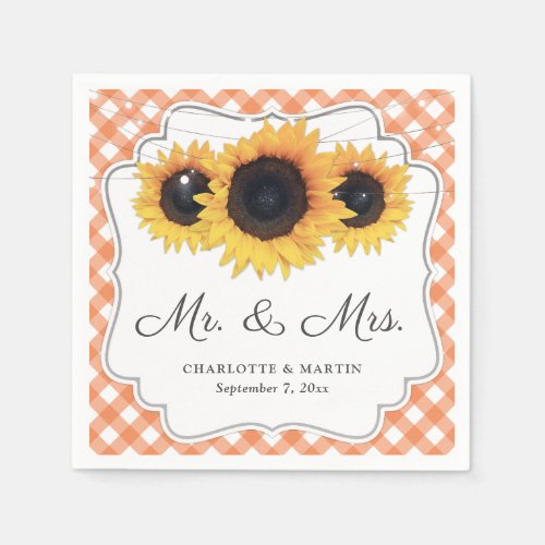 Orange Gingham Rustic Sunflower Floral Wedding Napkins