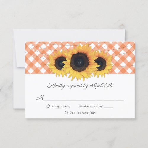 Orange Gingham Rustic Sunflower Wedding RSVP Card