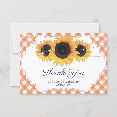 Orange Gingham Rustic Sunflower Wedding Thank You Card