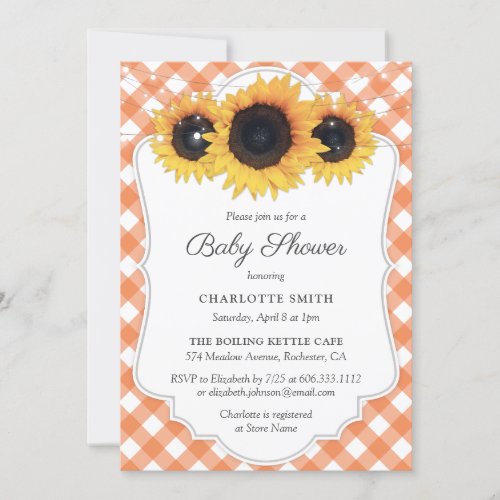 Orange Gingham Sunflower Baby Shower Invitation