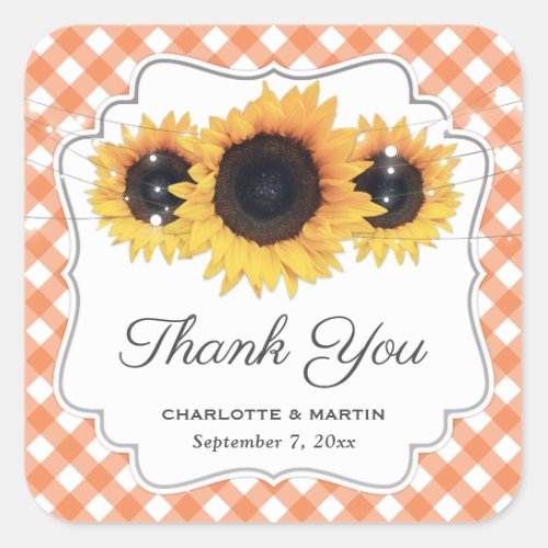 Orange Gingham Sunflower Wedding Thank You Square Sticker