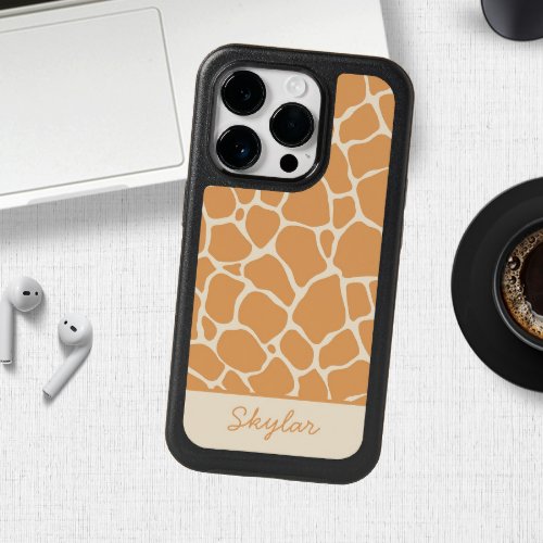 Orange Giraffe Animal Print Custom Cursive Name OtterBox iPhone 14 Pro Case