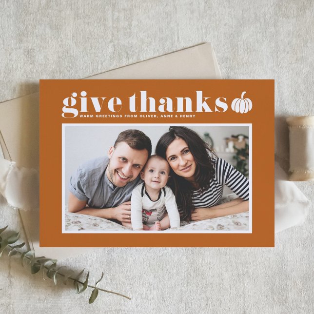 Orange Give Thanks Photo Happy Thanksgiving Holiday Card (Creator Uploaded)