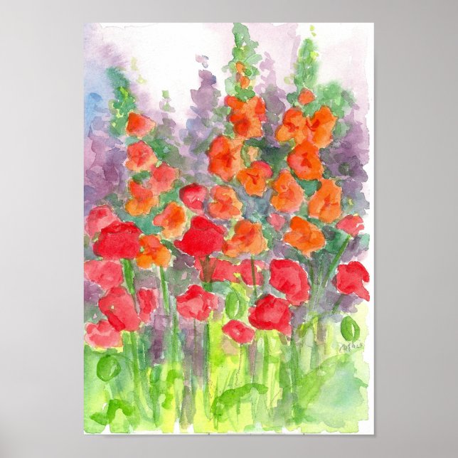 Orange Gladiolas Red Poppy Flower Watercolor Poster (Front)