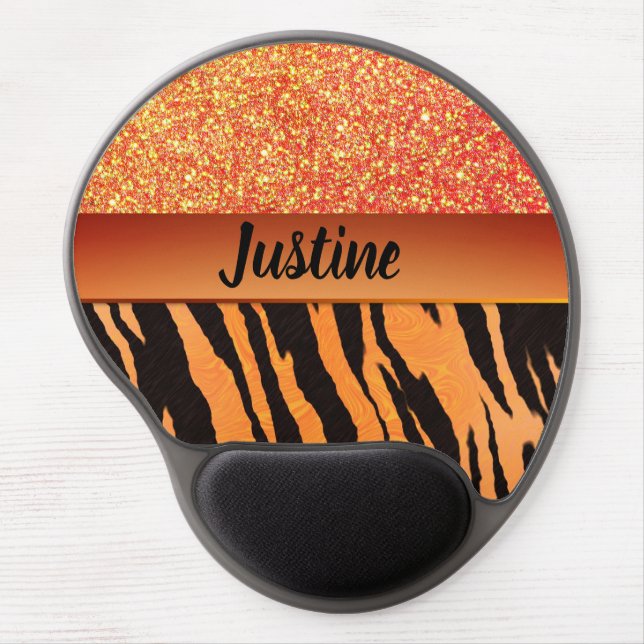 Orange Glam Glitter Tiger Print Personalized Gel Mouse Pad (Front)