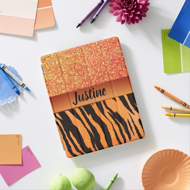 Orange Glam Glitter Tiger Print Personalized iPad Smart Cover (In Situ)