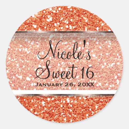 Orange Glitter Glam Sweet 16 Custom Party Favor Classic Round Sticker