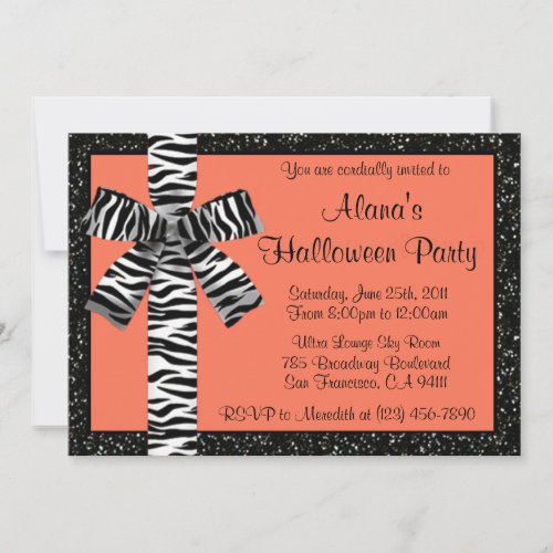 Orange Glitter Halloween Invite With Zebra Bow