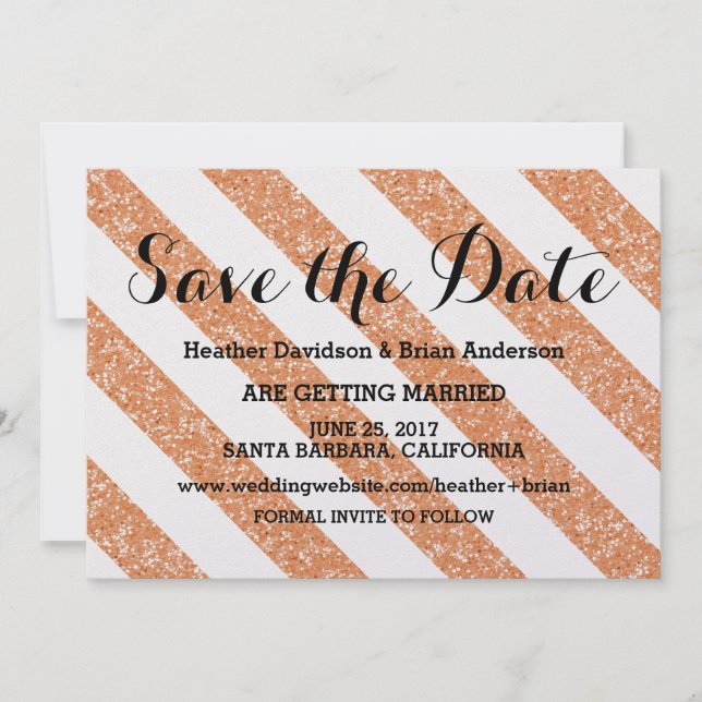 Orange Glitter Look Stripes Save the Date Invite (Front)