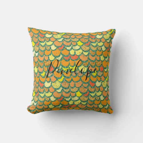 Orange Glitter Mermaid or Dragon Scales Throw Pillow