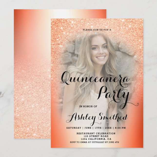 Orange glitter ombre metallic photo Quinceañera Invitation (Front/Back)