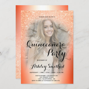 Orange glitter ombre metallic photo Quinceañera Invitation