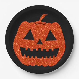 Orange Glitter Pumpkin Halloween Paper Plates