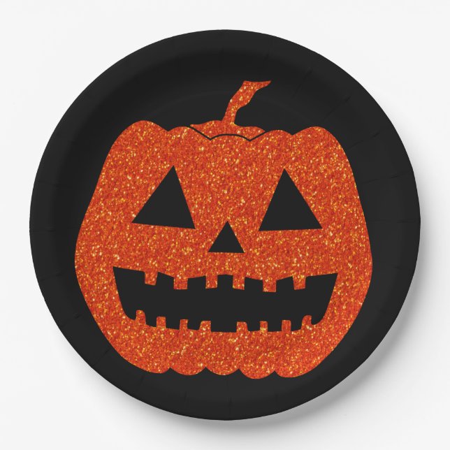 Orange Glitter Pumpkin Halloween Paper Plates (Front)