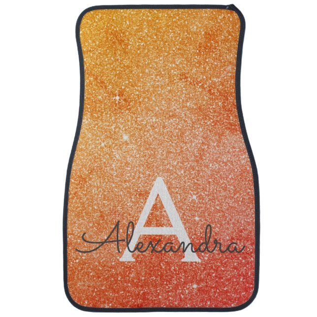 Orange Glitter Sparkle Monogram Car Mat (Front)