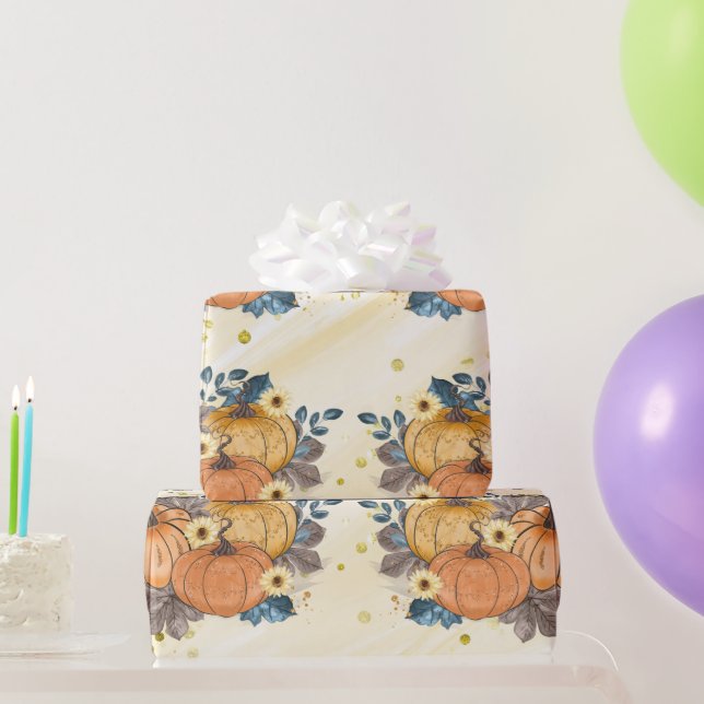 Orange Glittery Pumpkins On Glittery Yellow Thanks Wrapping Paper (Party Gifts)