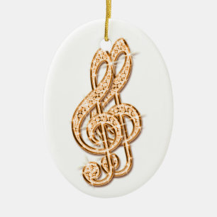 Orange Glitzy Sparkly Diamond Music Notes Ceramic Ornament