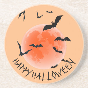 Orange Globe Black Bats - Happy Halloween Sandstone Coaster
