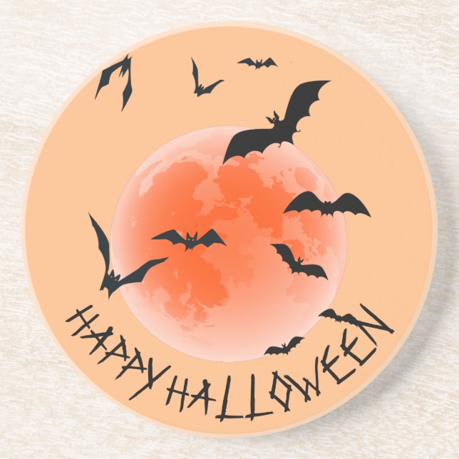 Orange Globe Black Bats - Happy Halloween Sandstone Coaster (Front)