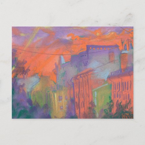 Orange Glow City Sunset Landscape Pastel Painting Postcard