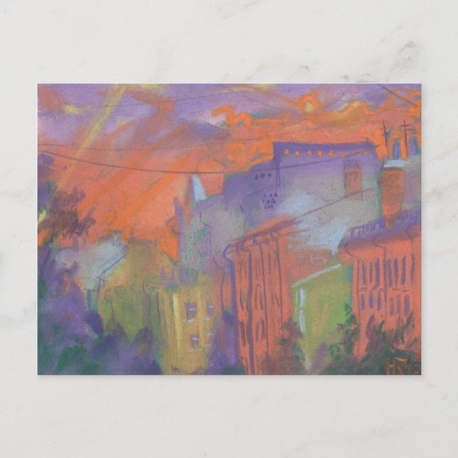 Orange Glow City Sunset Landscape Pastel Painting Postcard (Front)