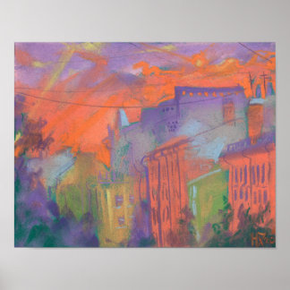 Orange Glow City Sunset Landscape Pastel Painting Poster