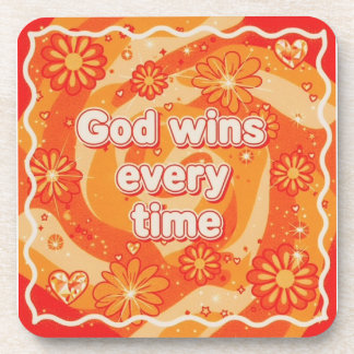 orange God wins everytime christian faith Beverage Coaster