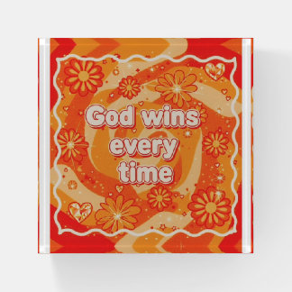 orange God wins everytime christian faith Paperweight