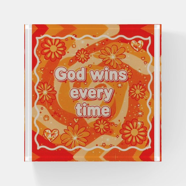 orange God wins everytime christian faith Paperweight (Front)
