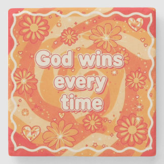 orange God wins everytime christian faith Stone Coaster