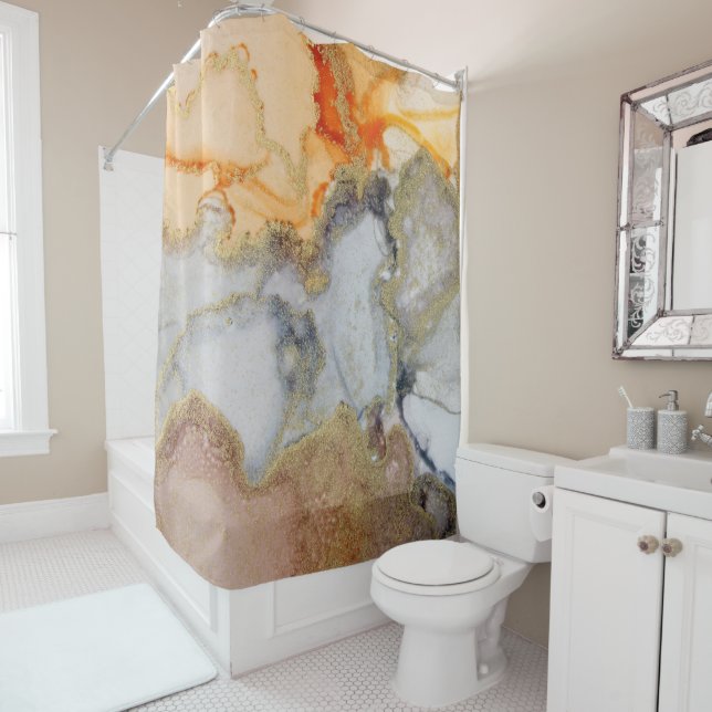 Orange Gold Alcohol Ink Shower Curtain (In Situ)