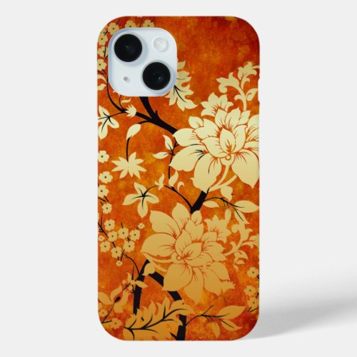 Orange Gold and Black Floral Oriental Design iPhone 15 Case