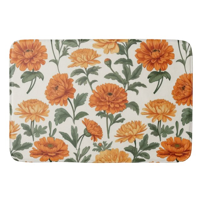 Orange Gold Autumn Marigold Chrysanthemums Pattern Bath Mat (Front)